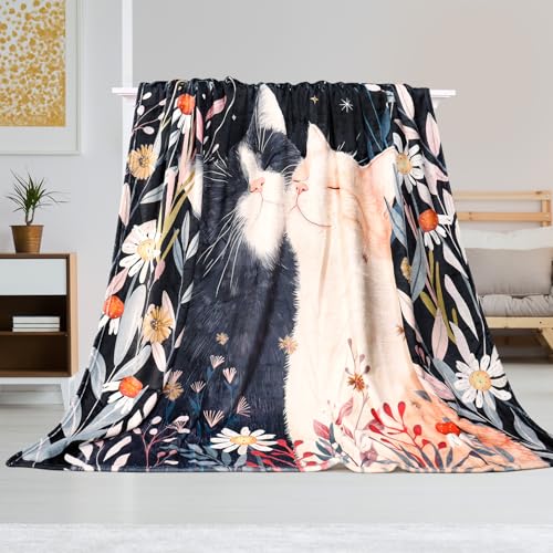 Cat Throw Blanket for Cats Lover Floral Plant Bed Blanket Moon and Star Blankets Cozy Fuzzy Plush Throw Blanket for Couch Chair 50"x 60" - color: Cat, size: 50" X 60"