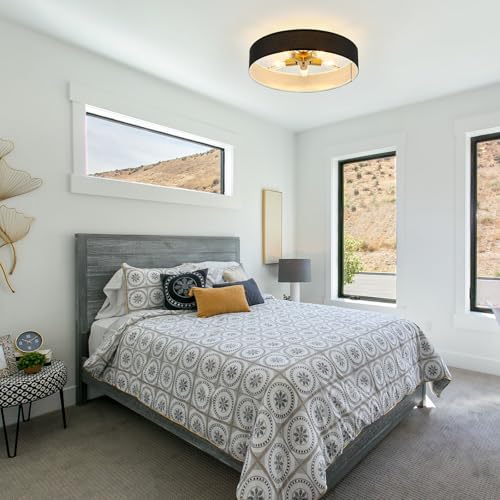 VILUXY Black and Gold Semi Flush Mount Ceiling Light Fixture, 24’’ Large Modern Ceiling Light with Linen Fabric Shade 5-Light Drum Ceiling Lamp for Bedroom Living Dining Room Enteyway - color: Black