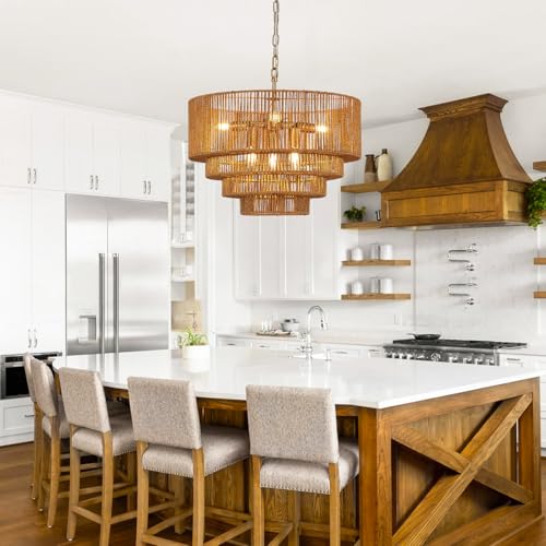 19.7" Hand-Woven Rattan Chandelier Vintage Farmhouse 6-Lights Boho Bamboo Chandeliers Light Fixture Retro Drum Wicker Rattan Golden Chandelier for Dining Room, Kitchen Island, Bedroom, E12 - color: Golden 19IN