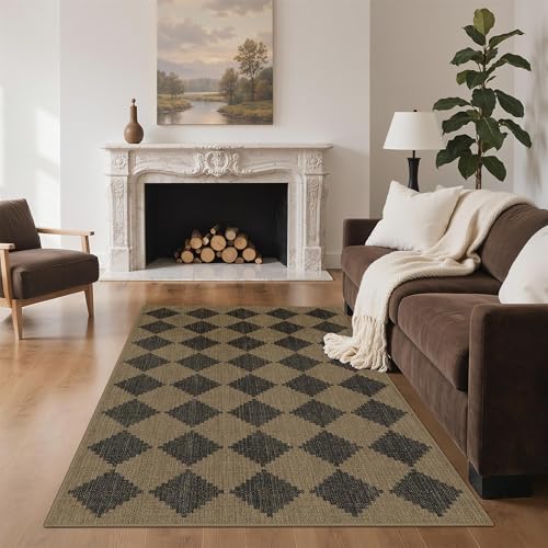 GENIMO Indoor Outdoor Area Rug 5'x8', Checkered Easy Jute Rug Machine Washable, Easy-Cleaning, Non Slip Geometric Outdoor Carpet for Patio, Living Room, Backyard, Porch, Deck, Balcony, Diamond Brown - color: Diamond Brown, size: 5' x 8' (Rectangular)