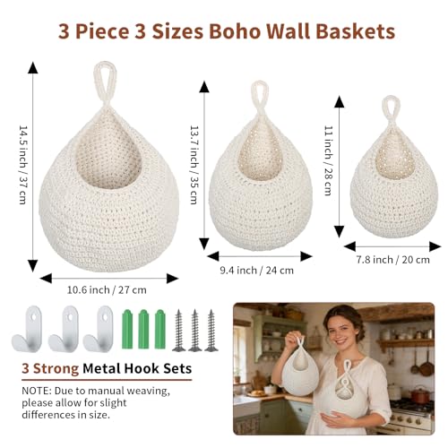 3 Pack Boho Decor Hanging Fruit Baskets with Hooks, Hand-woven Cotton Wall Storage Baskets for Fruit Vegetable Flower 3 Sizes, Hanging Holder Teardrop Produce Basket for Kitchen Organization, Beige - color: Beige, size: 3 Pack