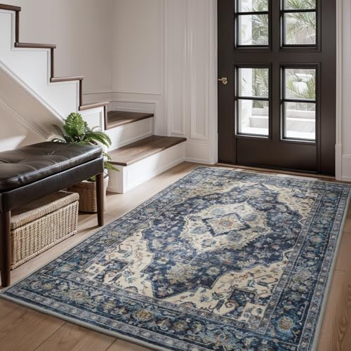 AMOAMI-3X5 Area Rug-Soft Washable Vintage Throw Accent Rugs for Living Room, Entryway, Bedroom, Kitchen, Bathroom, Laundry Room, Kitchen, Bathroom, Bedside, No Slip Blue - color: Blue, size: 3' x 5' (Rectangular)