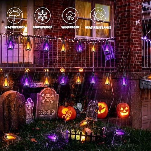 iBaycon Solar Halloween Lights, 42Ft 15 LED Bulbs Flickering Flame String Light, Outdoor Waterproof Solar Flame Lights for Garden Yard Patio Halloween Decorations (Warm White + Purple) - color: Warm White+Purple, size: 42FT