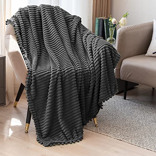 DISSA Fleece Blanket Throw Size – 51x63, Dark Grey – Soft, Plush, Fluffy, Fuzzy, Warm, Cozy – Perfect Throw for Couch, Bed, Sofa - with Pompom Fringe - Flannel Blanket Throw Blanket - color: Dark Grey, size: 51x63"
