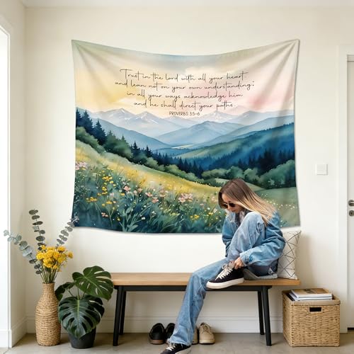 gsgfdshf Christian Mountain Wall Tapestry, Proverbs 3:5-6 Trust in the Lord with All Your Heart Bible Verse Tapestry Wall Hanging for Bedroom Living Room Home Church Decor, 50x60 Inch - color: Landscape Text-Tapestry-C