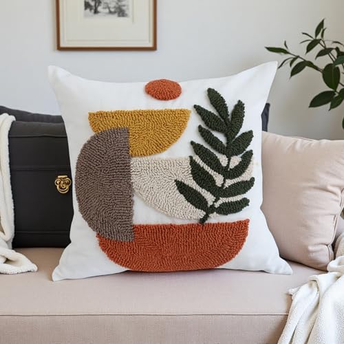 Boho Accent Pillow Covers 18x18- Tufted Abstract Modern Square Throw Pillow Covers, Farmhouse Decorative Pillowcase for Couch, Sofa, Bed, Living Room -Orange Beige Geometric Dark Green Leaf - color: Botanical Geometry Tufted