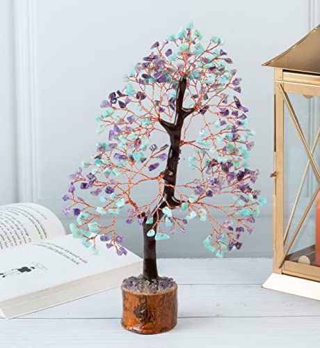 Crocon® Amethyst & Amazonite Crystal Tree Home Decor, Birthday Gifts for Women, Sister Gemstone Gift for Her Money Tree Crystals and Healing Stones House Warming Gift New Home Spiritual Decor Present - color: Amethyst + Amazonite (Copper Wire)