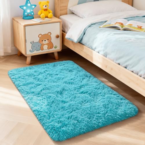 Merelax Modern Soft Fluffy Small Shaggy Rug for Bedroom Livingroom Dorm Kids Room Indoor Home Decorative, Non-Slip Plush Furry Fur Area Rugs Comfy Nursery Accent Floor Carpet 2x3 Feet, Teal - color: Teal, size: 2' x 3' (Rectangular)