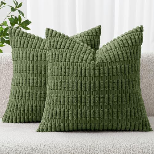 MIULEE Pack of 2 Spring Corduroy Decorative Throw Pillow Covers 16x16 Inch Soft Boho Striped Pillow Covers Modern Farmhouse Home Decor for Summer Sofa Living Room Couch Bed Moss Green - color: Moss Green, size: 16" x 16" (Pack of 2)