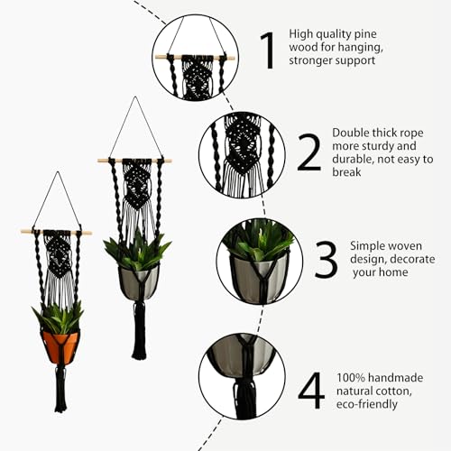Artilady Black Plant Hanger Macrame Hanging Planter for Indoor Boho Plants Holder with Hooks Hanging Plant Basket Outdoor Window Wall Plants Home Decor (Black Wood Hanger-2pcs) - color: Black Wood Hanger-2pcs
