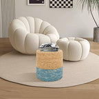 16'' Round Ottoman Natural Seagrass Braided Poof Hand Weaving Round Ottomans Boho Footrest Stool for Home Living Room Bedroom Patio(Natural&Blue)
