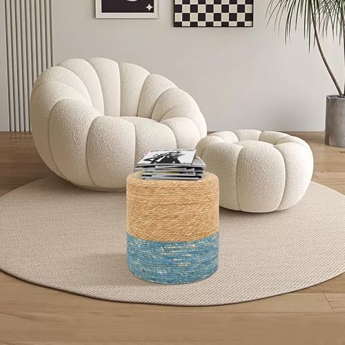 16'' Round Ottoman Natural Seagrass Braided Poof Hand Weaving Round Ottomans Boho Footrest Stool for Home Living Room Bedroom Patio(Natural&Blue)