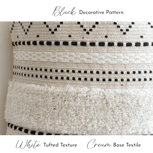 BlissBlush 12x20 Lumbar Pillow Cover, Cream Neutral Rectangular Decorative Cushion Cover with Black Pattern, Cotton Boho Accent Pillowcase with Tassels for Couch Sofa Living Room (Cover Only) - color: Black, size: 20" x 12" (Pack of 1)