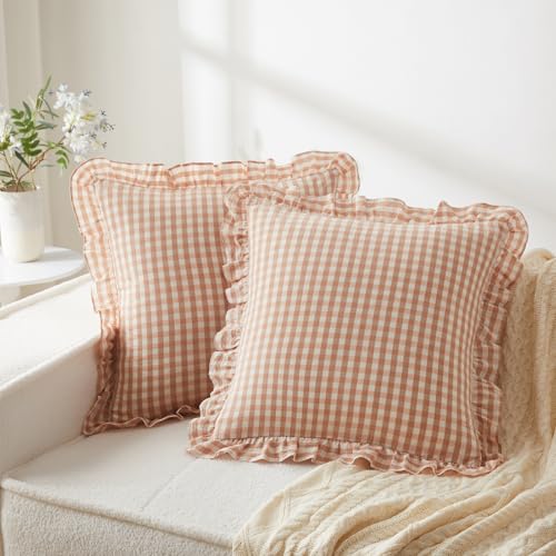 KKJIAF Ruffle Gingham Pillow Covers 18 x 18 Inches, Cotton Gingham Pillow Cases Set of 2, Linen Feel Ruffled Plaid Pillow Shams with Envelope Closure for Sofa Bed (Light Pink Plaid) - color: Light Pink Plaid, size: 18" x 18" (Pack of 2)