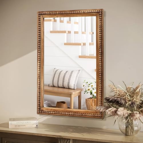 ULIKE Rectangular Wood Mirror with Natural Wooden Bead Frame, 24x36 Inch Rustic Farmhouse Wall Mirror for Bathroom Nursery Bedroom Living Room Brown - color: A Bead Rustic Brown