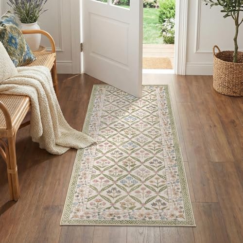 jinchan Haden Runner Rug 2x5 Vintage Floral Washable Hallway Rug for Entrance Kitchen Soft Non-Slip Low Pile Bedside Laundry Room Cottage Calm Indoor Decor Sage Green - color: Sage Green, size: 2' x 5' (Runner)