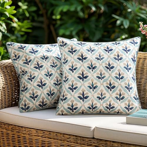 MIULEE Pack of 2 Decorative Outdoor Waterproof Throw Pillow Covers Flower Print Chic Boho Accent Pillow Covers for Square Garden Patio Cushion 20x20 Inch, Blue Grey - color: Blue Grey, size: 20" x 20" (Pack of 2)