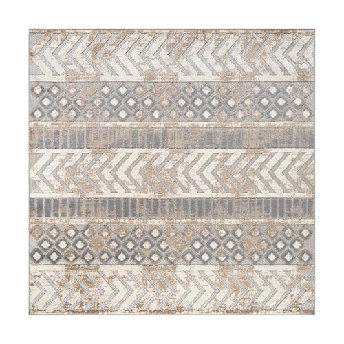 Rugshop Distressed Geometric Indoor/Outdoor Beige Square Area Rug Modern Tribal Stripe, Durable Stain Resistant Perfect for Patio, Backyard, Deck and Outdoor Lounge 6'6" x 6'6" Square - size: 6'7" x 6'7" (Rectangular)