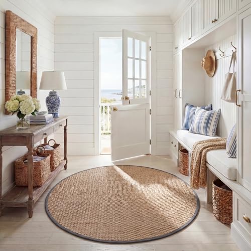 SAFAVIEH Area Rug 6' Round - Natural Fiber Collection - Natural & Dark Grey, Seagrass, Basketweave Pattern with Border (NF114Q) - color: Natural/Dark Grey, size: 6' (Round)