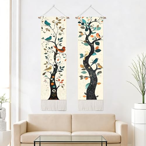seewan 2 Pack Long Vertical Wall Tapestry, Boho Nature Landscape & Floral Aesthetic Wall Hanging for Bedroom Living Room Home Decor, Long Narrow Art Tapestry with Sunrise Mountain Botanical Designs, 13" × 51" (Boho Tree, 13"Wx51"H, Unframed) - color: Boho