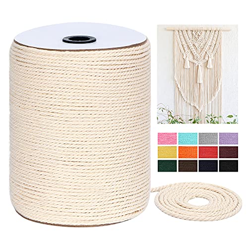 Macrame Cord 4mm x 328Yards(984Feet),Natural Cotton Macrame Rope - 3 Strands Twisted Macrame Cotton Cord for Wall Hanging, Plant Hangers, Crafts, Gift Wrapping and Wedding Decorations - color: Natural Color, size: 0.16 in x 328 yd