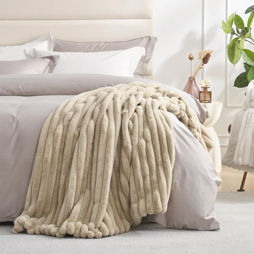 Amélie Home Faux Fur Throw Blanket for Couch, Cozy Fuzzy Fluffy Fur Luxurious Soft Striped Plush Gift Blankets for Family Sofa Chair Bedroom, 55"x70", Beige - color: Striped Beige, size: Throw(55"x70")