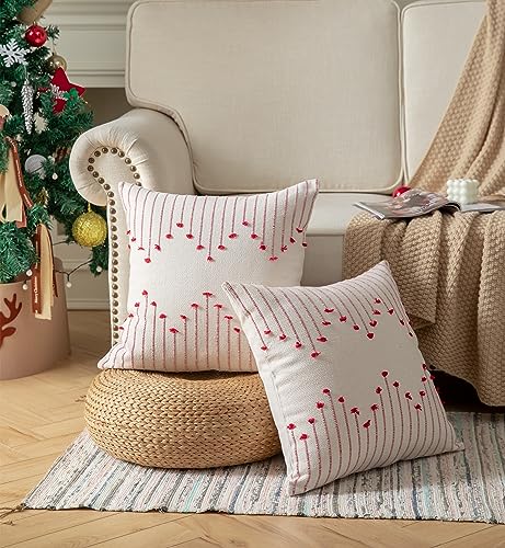 Caflife Boho Christmas Throw Pillow Covers 18x18 Set of 2, Christmas Decorations Pillow Covers Beige with Red Line for Modern Farmhouse Couch Sofa Bedroom Living Room Outdoor - color: Red Beige, size: 18" x 18" (Pack of 2)