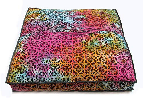 CRAFT KALA Mandala Floor Pillow Cushion Cover Seating Throw Cover Hippie Decorative Bohemian Ottoman Poufs Pom Pom Pillow Cases Boho Indian Cotton Living Room Yoga Home Décor 24" Square Multi Elephant - color: Multi Elephant, size: 24" x 24" (Pack of 1)