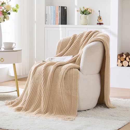 Chunky Knit Beige Throw Blanket for Couch Soft Cozy Thick Cable Knitted Throw for Sofa Bed Cute Decorative Blanket for Living Room,50"x 60",Ginger Beige - color: Ginger Beige, size: 50"x 60"