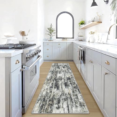 2'6''x8' Runner Rugs Washable Rug: Modern Abstract Hallway Runner Rug Indoor Soft Low Pile Thin Carpet Anti-Skid Non-Shedding Carpets for Kitchen, Entryway, Laundry, Bedroom - Black Grey Gold - color: Black Grey/Gold, size: 2'6" x 8' (Runner)