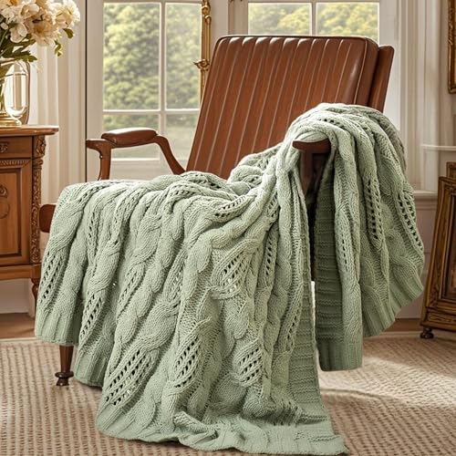 Amélie Home Chunky Knit Throw Blanket, Dual-Sided Soft Chenille Breathable Cable Knitted Blanket for Couch, Farmhouse Decorative Throw for Sofa & Chair, 50"x60", Sage Green - color: Sage Green, size: Cable Knit 50"x60"