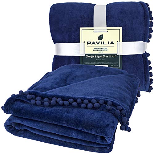 PAVILIA Fleece Throw Blanket for Couch with Pom Pom Fringe, Royal Blue, Soft Cozy Fuzzy Flannel Blanket for Sofa Bed, Lightweight Plush All Season Throw, 50x60 Inches - color: Royal Blue, size: 50"x60"