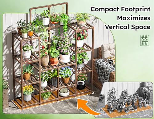 EnHomee Plant Stand Indoor Wood Plant Stand Outdoor Tiered Plant Shelf for Multiple 16-21 Potted Plants for Living Room Patio Balcony Yard Garden 44.9" W x 11.8" D x 62.2" H