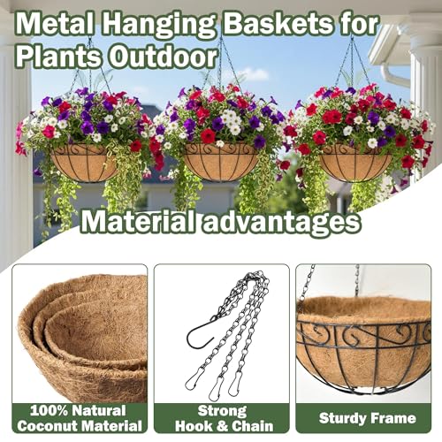 4 Pack 12 Inch Hanging Baskets for Plants Outdoor Metal Hanging Planter Basket with Coco Coir Liner Hanging Flower Baskets Hangings Flower Pots Holder for Garden, Patio(Flower) - size: 12 Inch, style: English