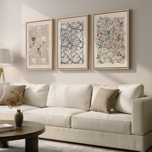Framed Large William Morris Canvas Wall Art Set of 3, Vintage Nature Floral Artwork Prints, Boho Neutral Botanical Wall Decor for Living Room, Bedroom, Hallway and Office, Total Size 30x60 - color: Neutral Floral, size: 20"W x 30" H x 3Pcs