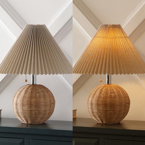 JONATHAN Y 17.25" Natural/Chrome/Dark Beige Sphere Table Lamp, Mid-Century Bedside Nightstand with Beige Pleated Linen Shade, Scandinavian Coastal Style, LED Bulb Included (JYL1145C) - color: Natural