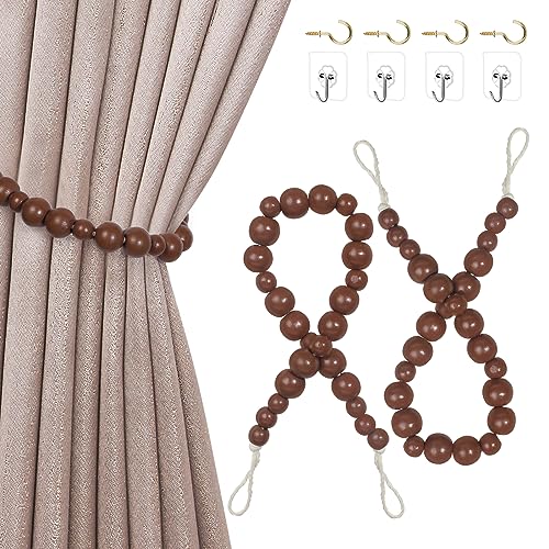 Hion 2 Pcs Boho Curtain Tiebacks,Wood Beads Curtain Holdbacks,Outdoor Farmhouse Tie Backs for Curtains,Curtain Holders for Drapes Home Office Room Decor with Hooks No Drilling(Coffee) - color: Coffee, size: 2 Pack