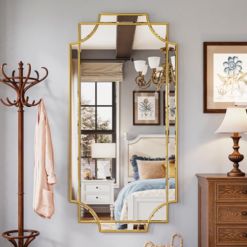 Kelly Miller Large Gold Full Length Mirror for Wall, 60"x30" Full Body Mirror Beveled Scalloped Modern Elegant Home Decor for Bedroom Living Room Bathroom Dressing Room Entryway Hallway - size: 60"L x 30"W