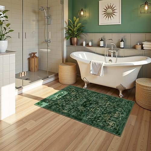 Dark Green 2x4 Runner Rug for Hallways Bed Side Kitchen, Boho Washable Distressed Low-Pile Floor Entryway Long Bathroom Mat, Non-Slip Laundry Room Washstand Front Carpet Green 24x48 Inch - color: Dark Green, size: 2'x4'