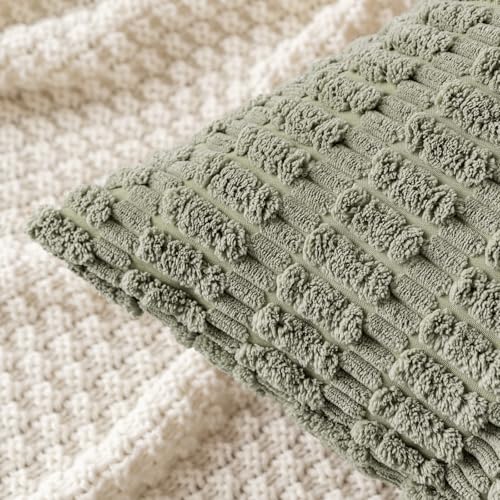 MIULEE Pack of 2 Corduroy Decorative Throw Pillow Covers 16x16 Inch Soft Boho Striped Pillow Covers Modern Farmhouse Home Decor for Summer Sofa Living Room Couch Bed Light Olive Green - color: Light Olive Green, size: 16" x 16" (Pack of 2)