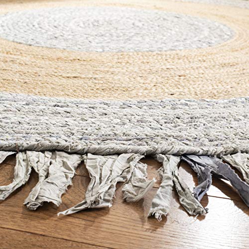 SAFAVIEH Cape Cod Collection Area Rug - 4' Round, Light Grey & Natural, Handmade Boho Fringe Jute & Cotton, Ideal for High Traffic Areas in Living Room, Bedroom (CAP701F) - color: Light Grey/Natural, size: 4' (Round)