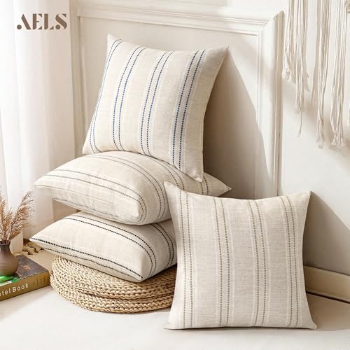 AELS 24x24 Decorative Farmhouse Linen Blend Throw Pillow Covers, Boho Textured Pillow Case, Set of 2, Beige with White & Brown Stitch Yarn Dyed Stripe Cushion Cover for Sofa Living Room (Cover ONLY) - color: Beige With White & Brown, size: 24" x 24" (Pack