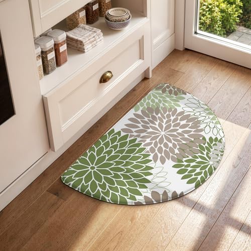 KIMODE Half Circle Kitchen Mats for Floor Cushioned Anti Fatigue,Semi Round Dahlia Boho Kitchen Rug Non Slip,Sage Green Waterproof Kitchen Carpet Decor for Sink Office Laundry Bathroom,18" x 28" - color: Sage Green, size: 28" x 18" (1 PC)--0.47 inches