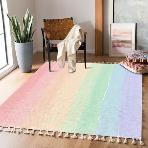 Boho Rug Rainbow Pastels Watercolor Rainbow Watercolor Brush Stroke Stripes Area Rug Carpet Patio Rug Hallway Runner Rug Mat Pad Minimalist Home Decor for Living Room Bedroom Indoor Outdoor - color: Multi10, size: 90x150cm