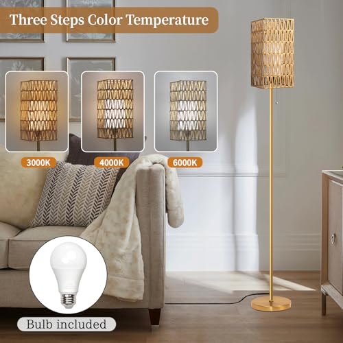 Ruiever Floor Lamp for Living Room,Farmhouse Floor lamp,Modern Standing lamp with Hand-Worked Rattan Shade (Square Rattan Shade Body Gold Color-3 Color Bulb) - style: Square Rattan Shade Body Gold Color-3 Color Bulb
