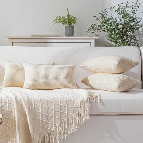 Pack of 4 Throw Pillow Covers 20x12 inch Beige Boho Cushion Covers Decorative Farmhouse Pillow Covers for Couch Bed Sofa Living Room Home Decor Soft Square Pillowcase - color: Beige, size: 20" x 12" (Pack of 4)