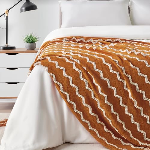 BOURINA Fluffy Chenille Knitted Fringe Throw Blanket Lightweight Soft Cozy for Bed Sofa Chair Throw Blankets, Orange 50" x 60" - color: A-orange, size: 50"×60"