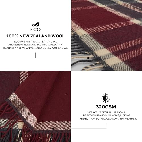 Cozy Wool Blanket, 100% New Zealand Wool, Tartan Design, Red & Blue, 67 x 79 in, Queen Size - color: Red and Blue