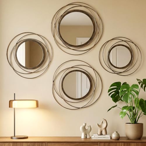 Hicarer 4 Pcs Decorative Wall Mirror Round Modern Circle Mounted Mirror Metal Wall Art Decor for Bedroom Living Room Entryway Dining Room Hallway (Bronze) - color: Bronze