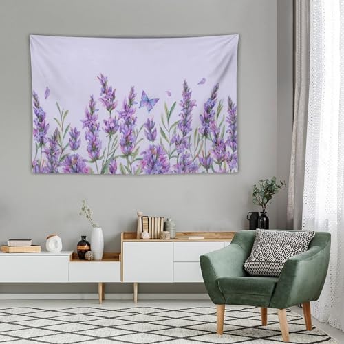 HZOHNAGO Lavender Flower Tapestry Watercolor Purple Floral Butterfly Pattern Printed Wall Tapestry Wall Hanging for Bedroom Living Room Dorm 60" W x 40" H - color: Lavender-10, size: 60"L x 40"W